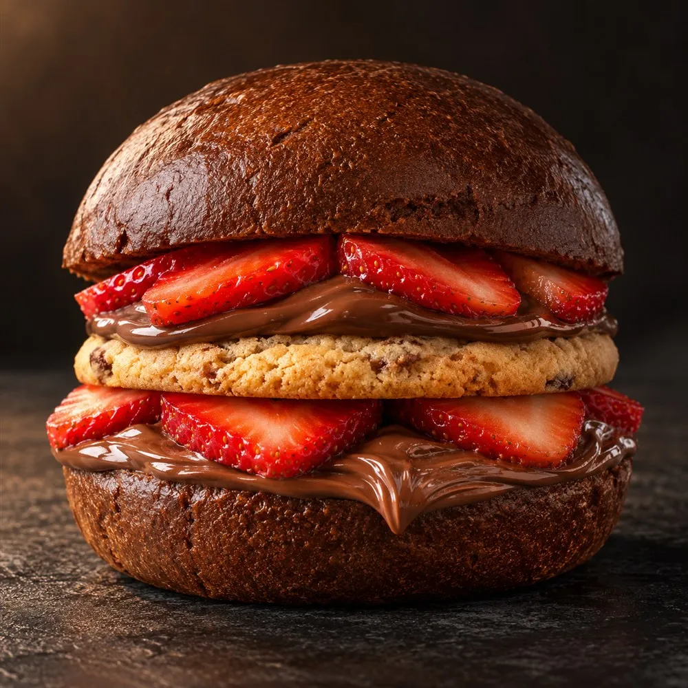 Cookie Burger com chocolate de avelã e morangos