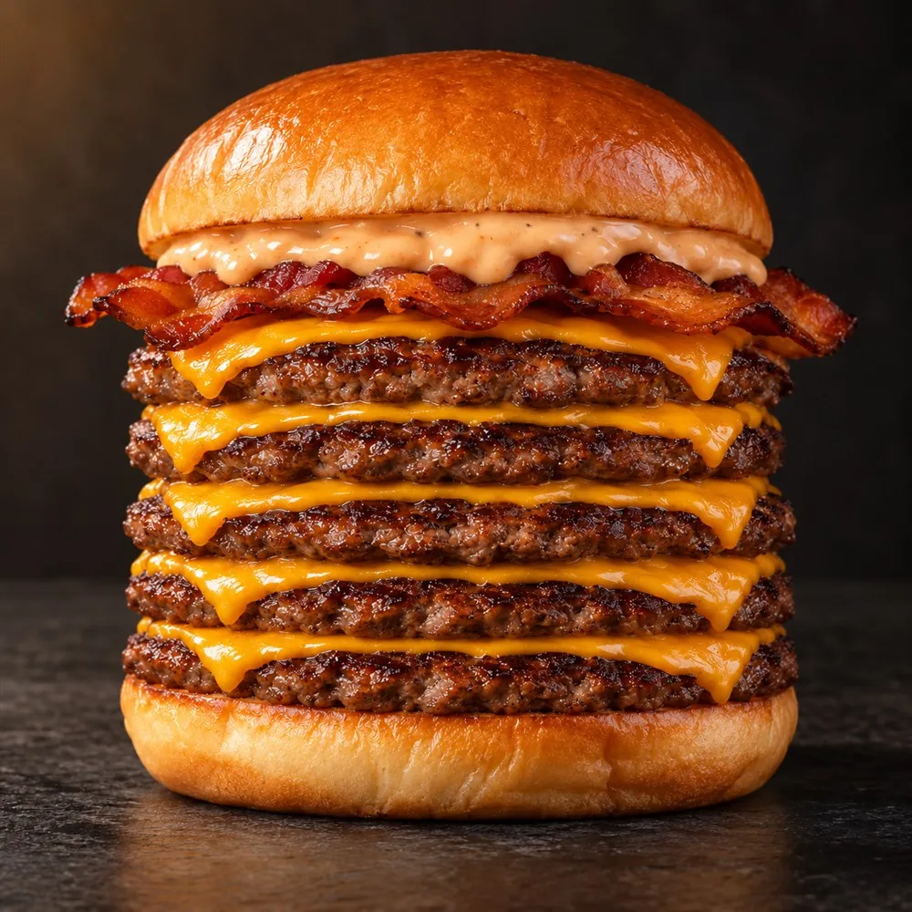 Penta Burger com cinco smash burgers, cheddar e bacon